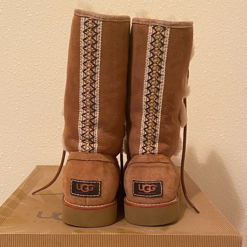 UGG Chestnut Lace-Up Shearling Trim Suede Boots - Picture 3 of 5